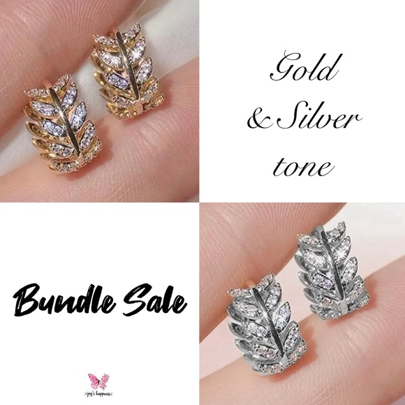 Zircon Olive Branch Leaf Small Hoop Earrings - Gold & Silver Set - Picture 1 of 9